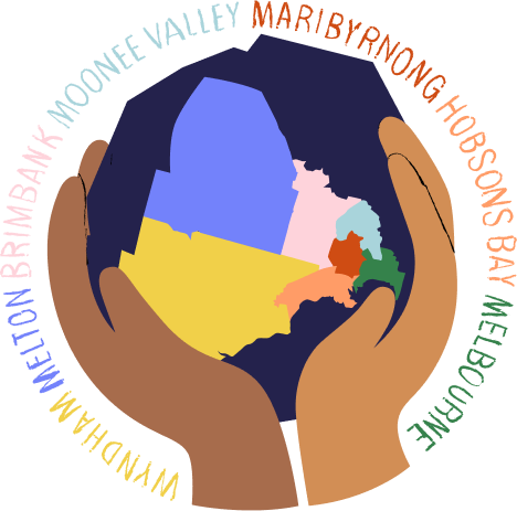 Illustration of two hand, tan and brown, holding a map of Melbourne's west in bright colours on a dark purple background. Text reads: ‘Wyndham. Melton. Brimbank. Moonee Valley. Maribyrnong. Hobsons Bay. Melbourne.'