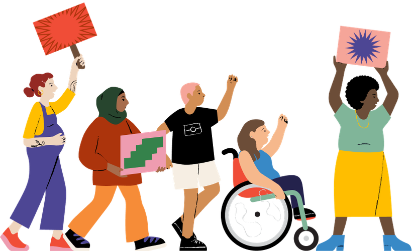 Illustration of five people marching. Three hold plaques and two have their first in the air. All wear bright clothes and they are of different ages, cultural backgrounds and abilities. One uses a wheelchair, one is pregnant, one wears a headscarf.