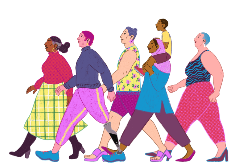 An illustration of five adults and a child walking in a line to the left. The child is on their mothers shoulders. They wear bright colours clothes, are a range of a different age and from different cultural backgrounds.
