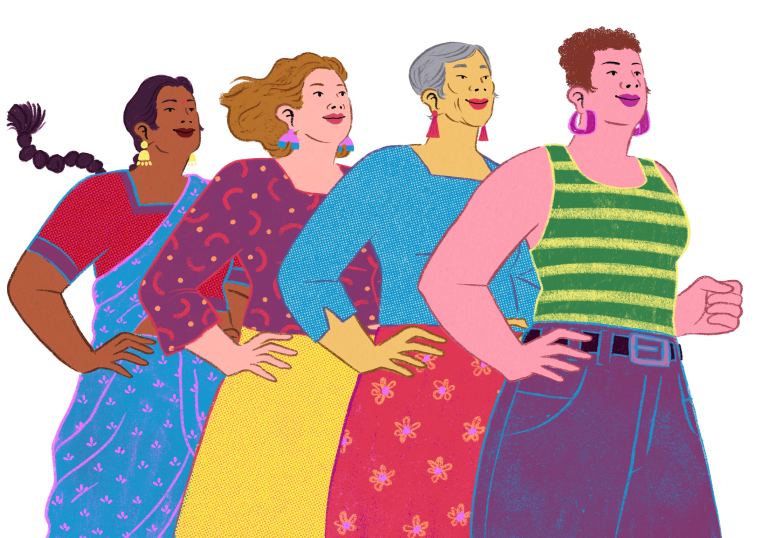 Group of four women standing strong, on behind the other, with their right hand on their hip. They wear bright colours clothes, are a range of a different age and from different cultural backgrounds.